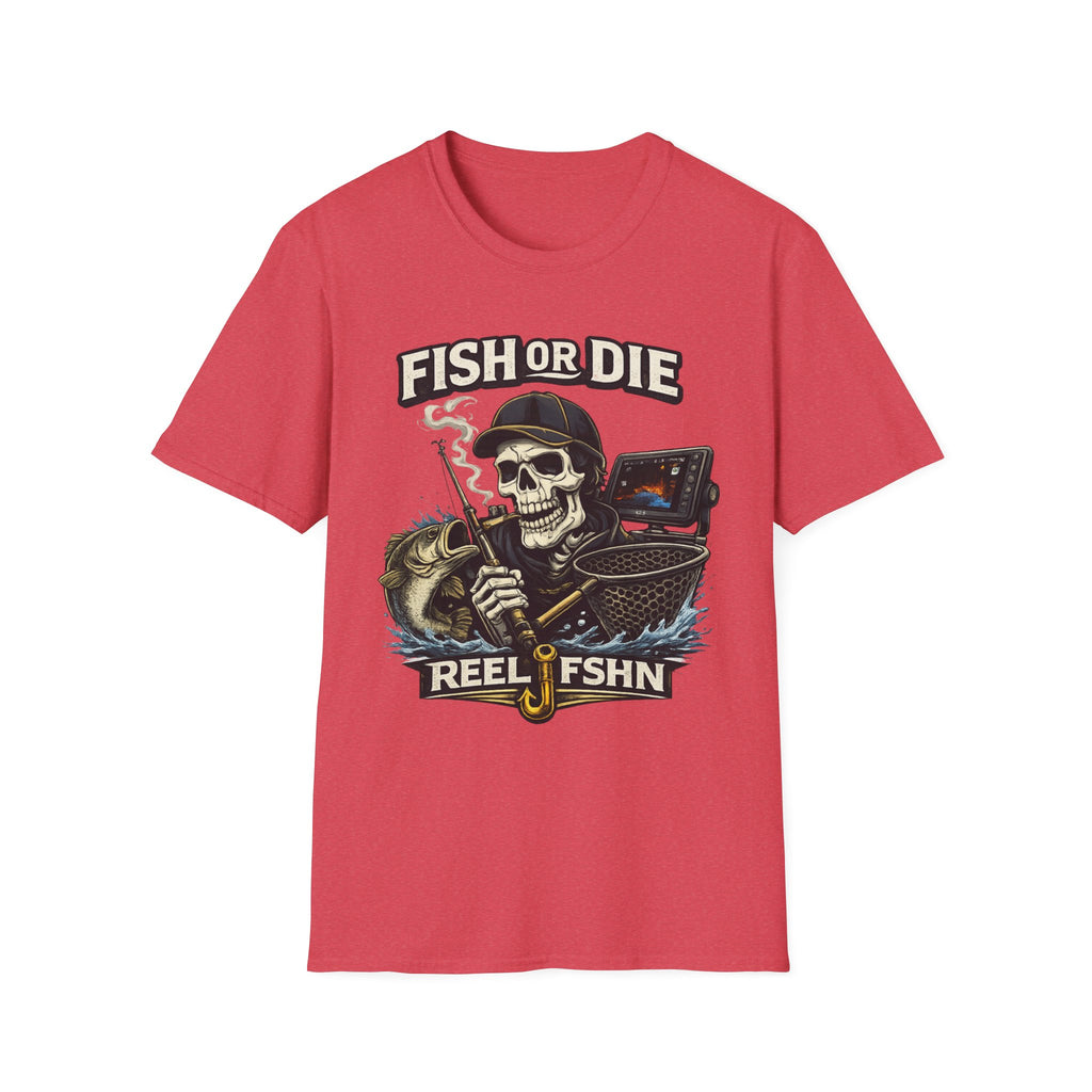 Red Comfort Colors t-shirt with a "Fish or Die" skull fishing graphic, holding a rod, net, and fish.