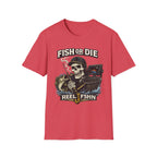 Red Comfort Colors t-shirt with a "Fish or Die" skull fishing graphic, holding a rod, net, and fish.