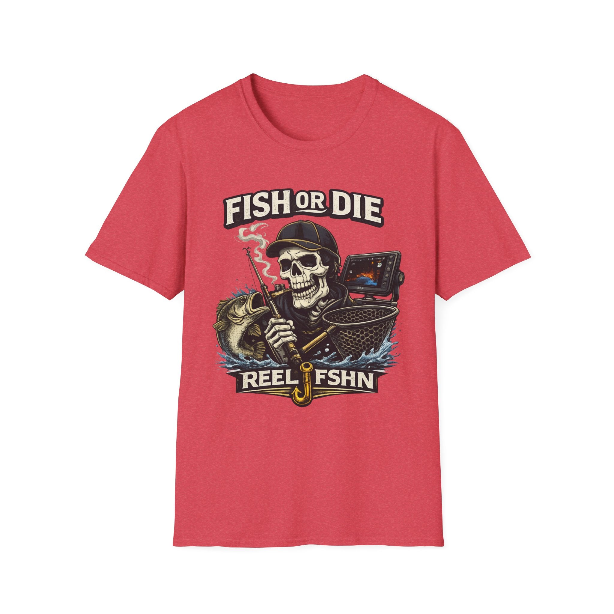 Red Comfort Colors t-shirt with a "Fish or Die" skull fishing graphic, holding a rod, net, and fish.