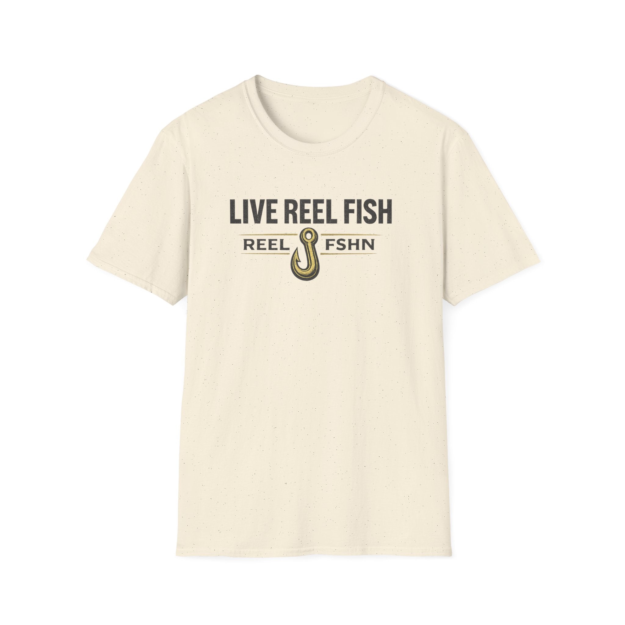 Comfort Colors cream t-shirt with "LIVE REEL FISH" text and a fishing hook graphic.