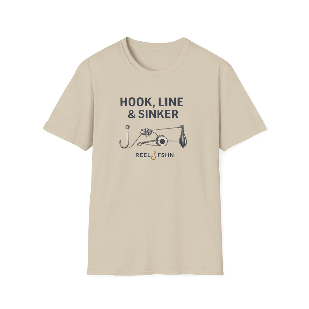 Unisex sand-colored Comfort Colors cotton t-shirt with "HOOK, LINE & SINKER" and fishing tackle graphic.