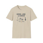 Unisex sand-colored Comfort Colors cotton t-shirt with "HOOK, LINE & SINKER" and fishing tackle graphic.