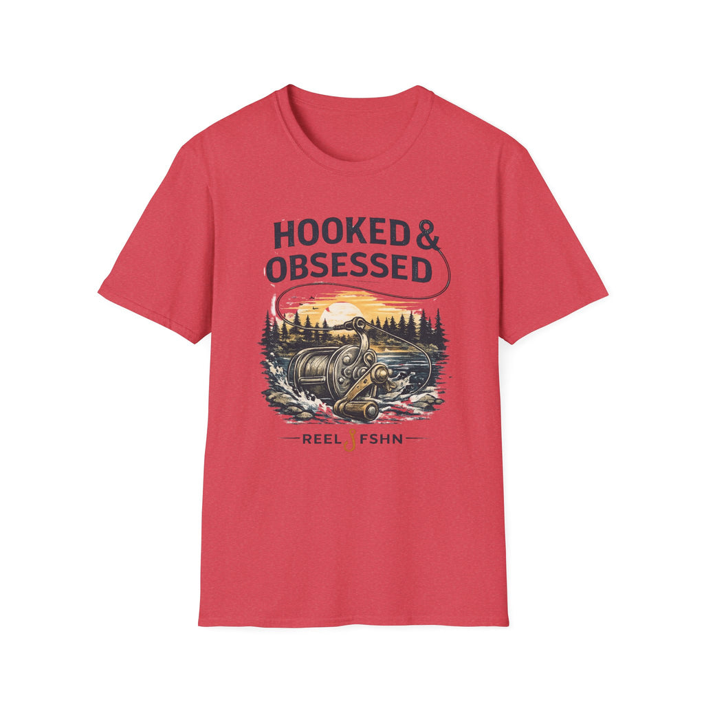 Red Comfort Colors t-shirt with "Hooked & Obsessed" text and a fishing reel graphic.