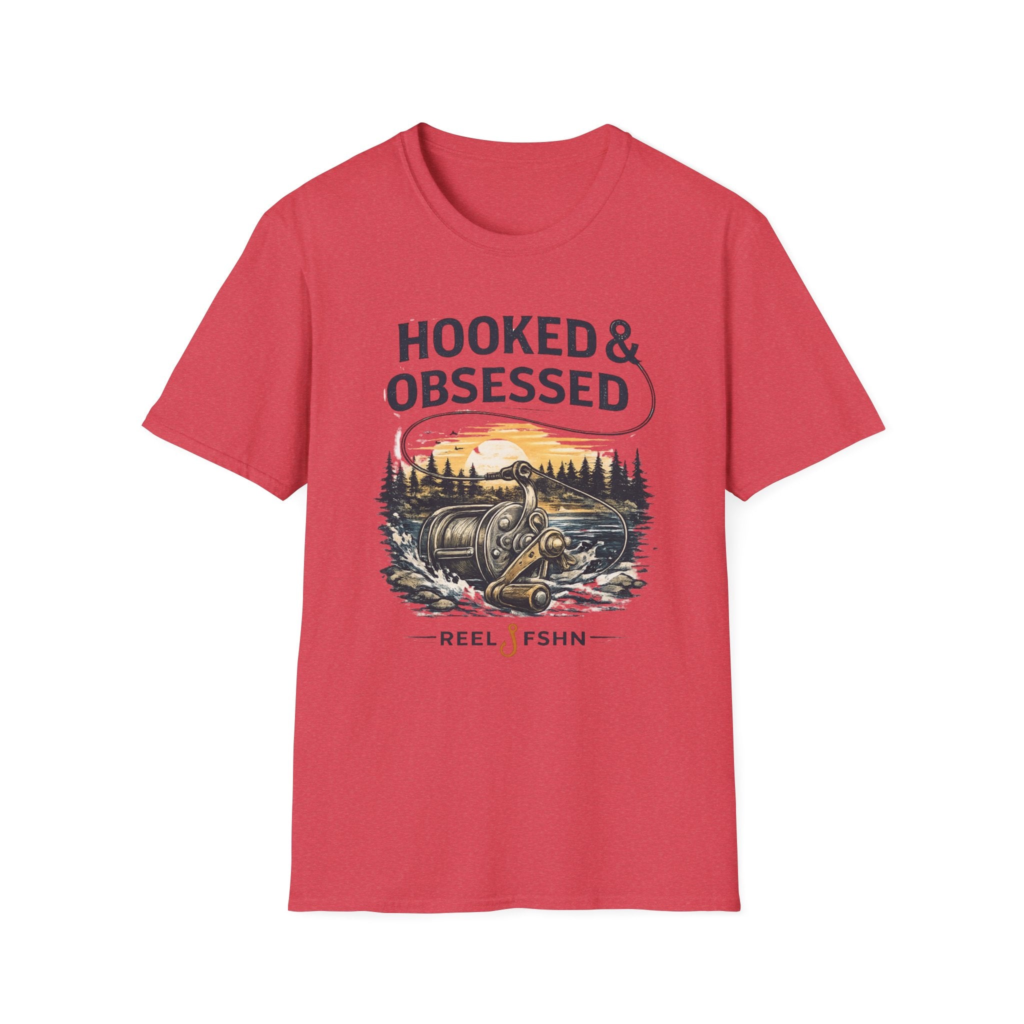 Red Comfort Colors t-shirt with "Hooked & Obsessed" text and a fishing reel graphic.