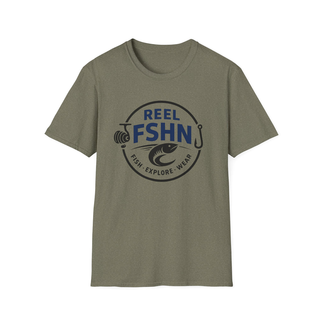 Olive green Comfort Colors t-shirt with a "REEL FSHN" logo featuring a fish, reel, and hook.