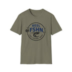 Olive green Comfort Colors t-shirt with a "REEL FSHN" logo featuring a fish, reel, and hook.