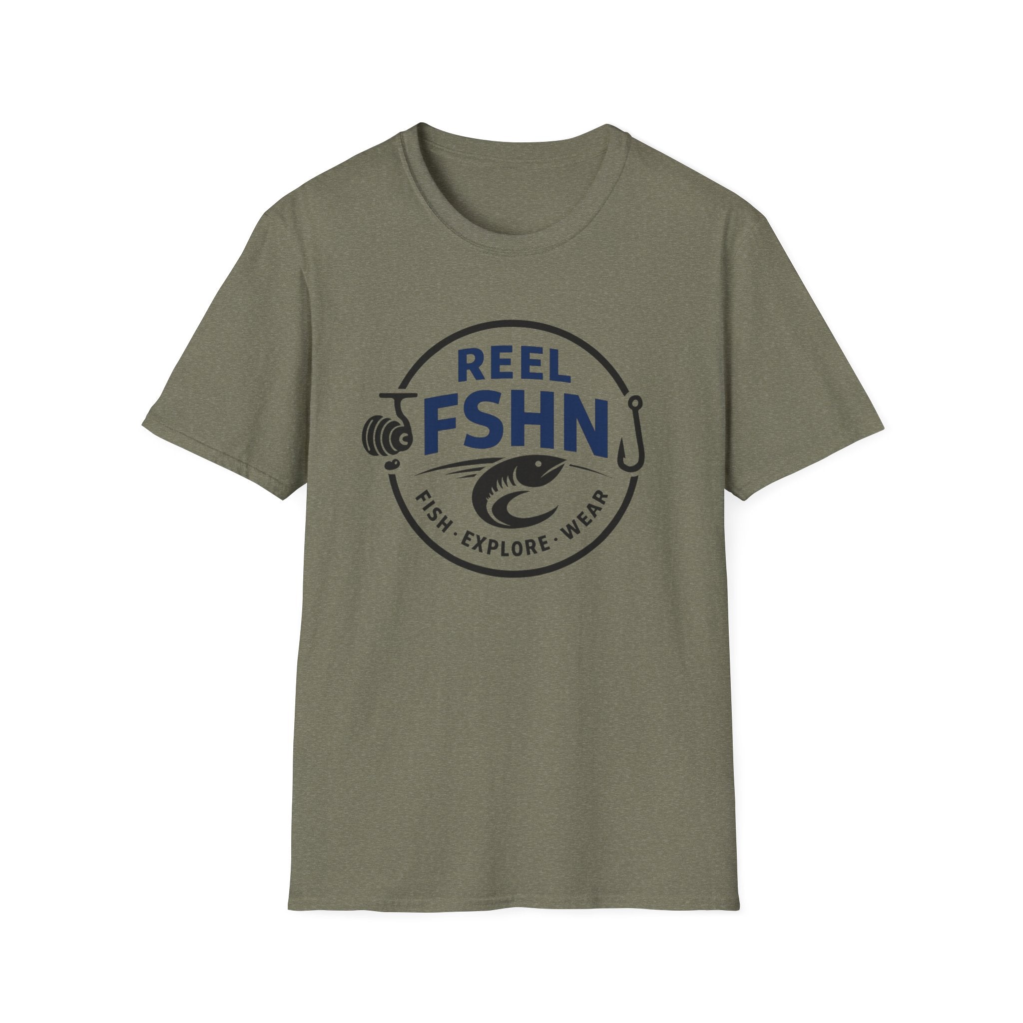 Olive green Comfort Colors t-shirt with a "REEL FSHN" logo featuring a fish, reel, and hook.