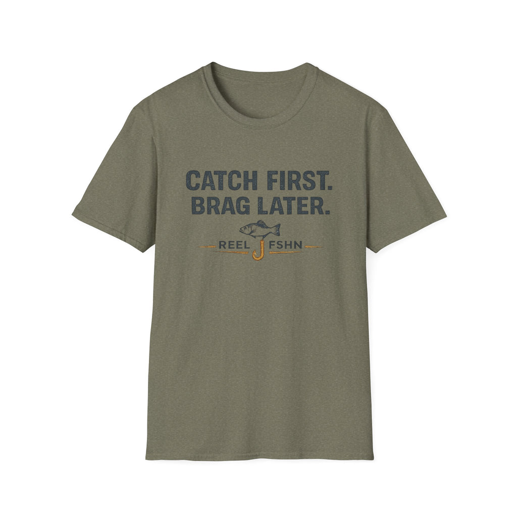Unisex olive green Comfort Colors t-shirt with "CATCH FIRST. BRAG LATER." and fishing hook graphic.