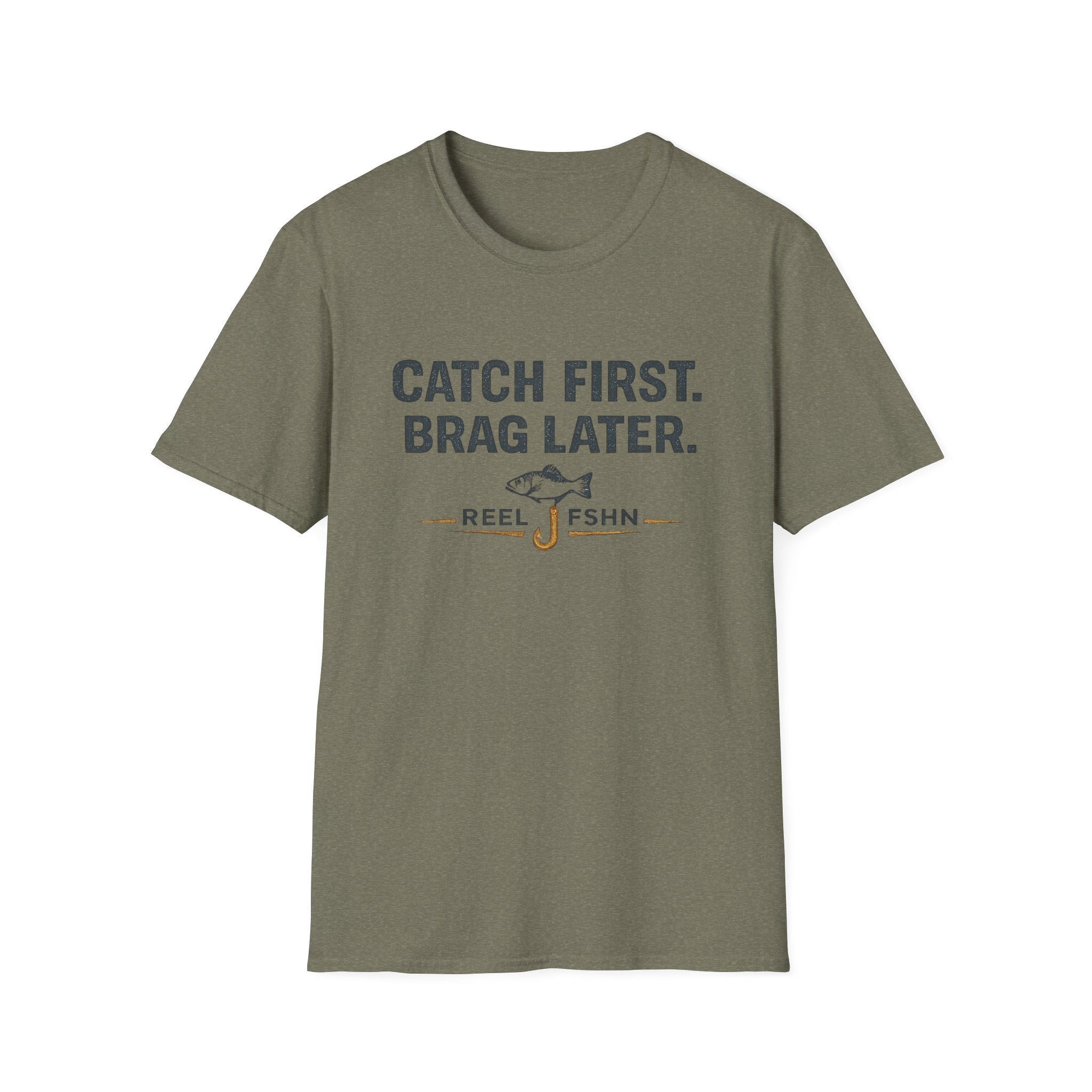 Unisex olive green Comfort Colors t-shirt with "CATCH FIRST. BRAG LATER." and fishing hook graphic.