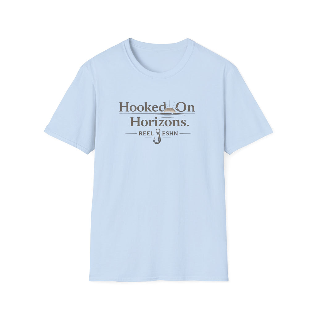 Light blue Comfort Colors unisex t-shirt with "Hooked On Horizons. REEL ESHN" graphic and fishing hook design.