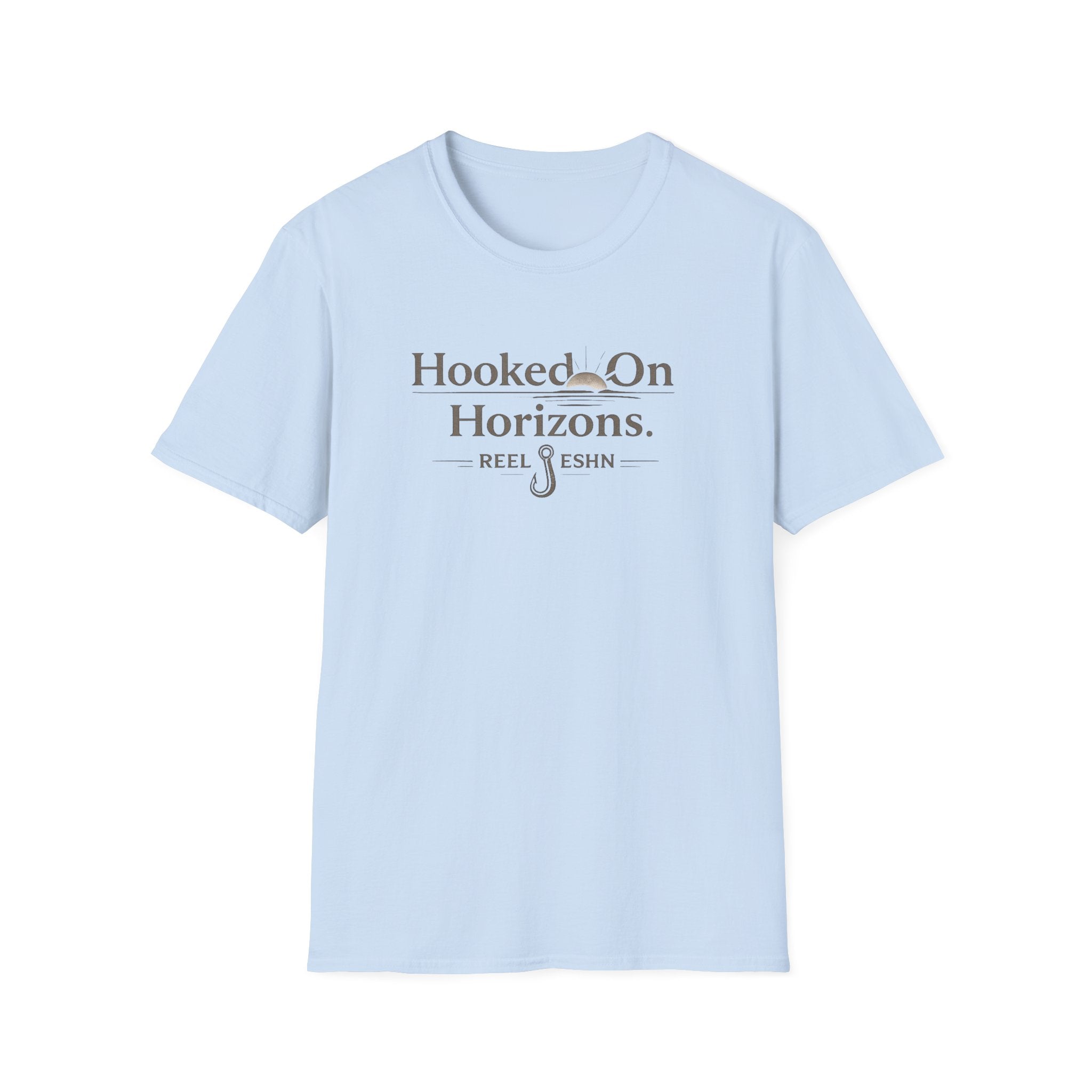 Light blue Comfort Colors unisex t-shirt with "Hooked On Horizons. REEL ESHN" graphic and fishing hook design.