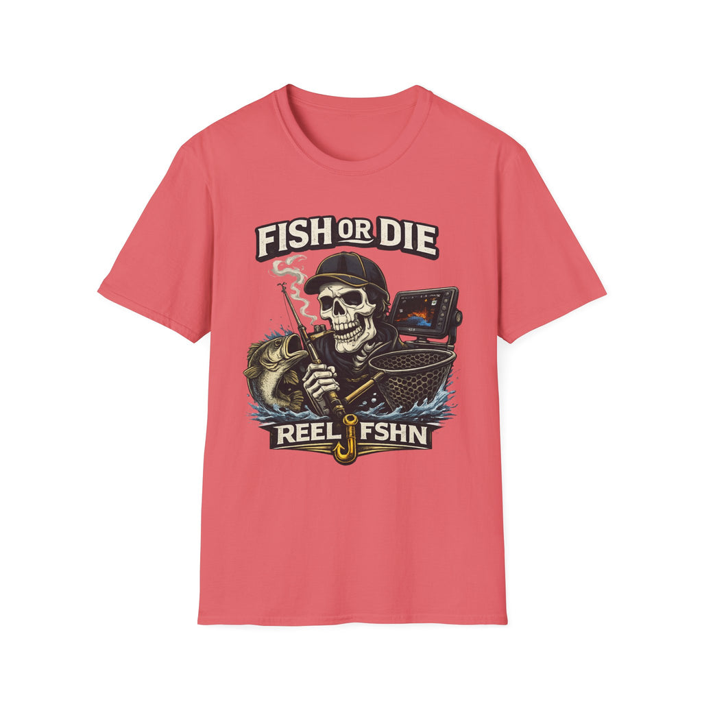 Coral Comfort Colors t-shirt with a "Fish or Die" skull fisherman graphic, holding a rod, net, and fish.