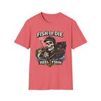 Coral Comfort Colors t-shirt with a "Fish or Die" skull fisherman graphic, holding a rod, net, and fish.
