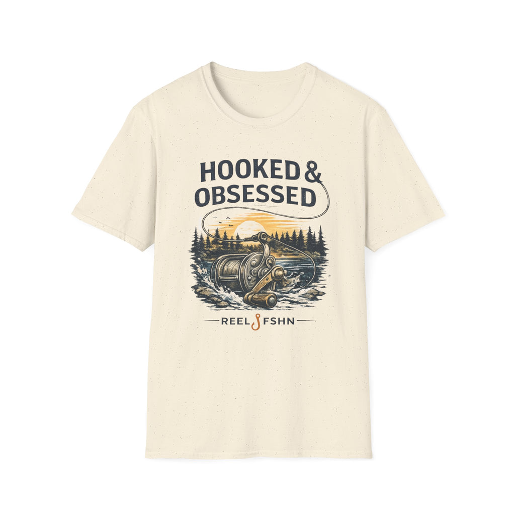 Cream Comfort Colors t-shirt with "Hooked & Obsessed" text and a fishing reel graphic.