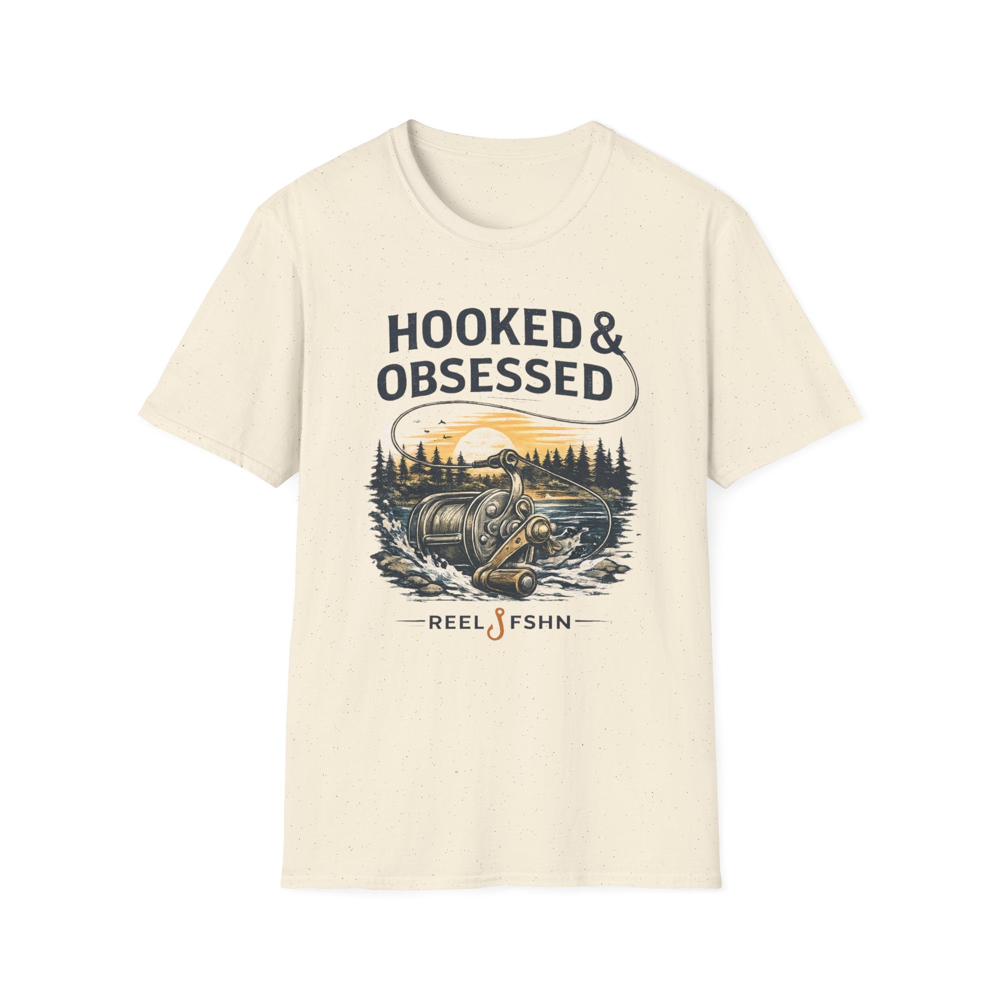 Cream Comfort Colors t-shirt with "Hooked & Obsessed" text and a fishing reel graphic.