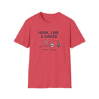 Red Comfort Colors cotton t-shirt with "HOOK, LINE & SINKER" text and fishing tackle graphic.