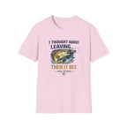 Pink Comfort Colors t-shirt with "I Thought About Leaving, Then It Bit" fishing graphic.