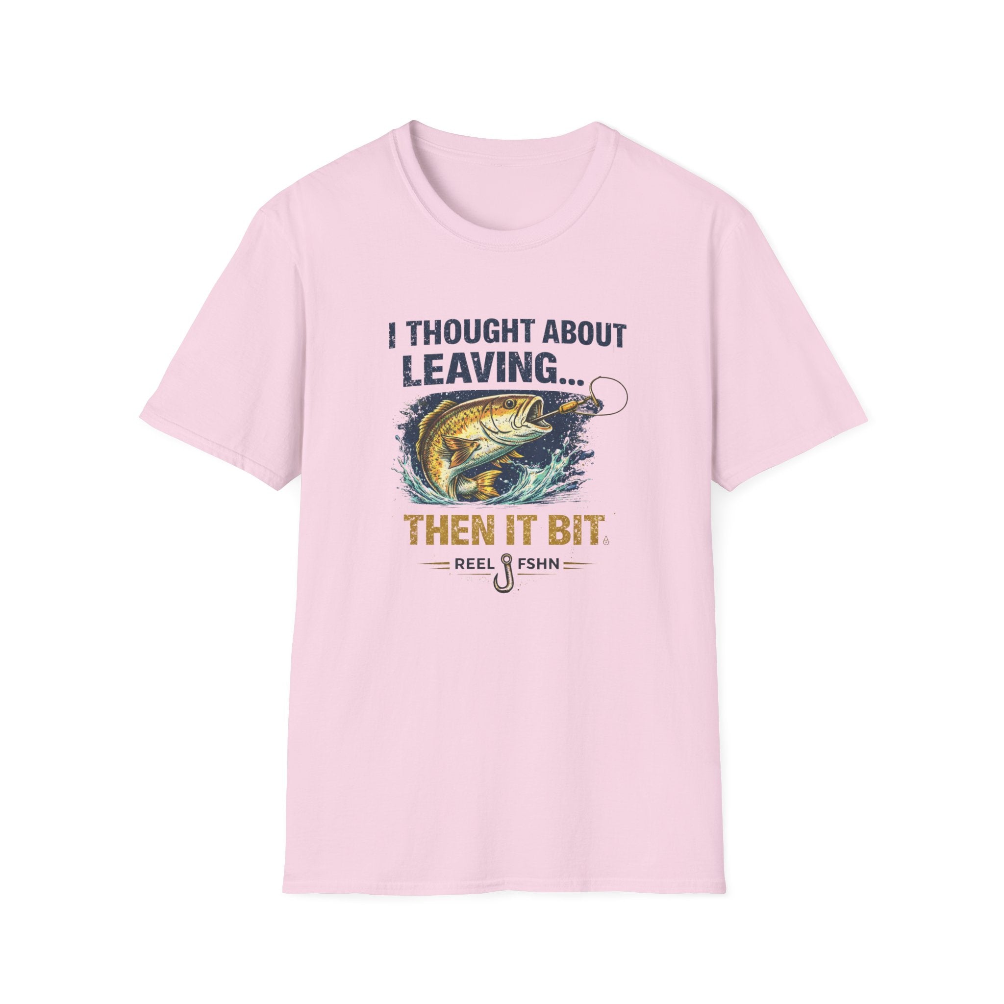 Pink Comfort Colors t-shirt with "I Thought About Leaving, Then It Bit" fishing graphic.
