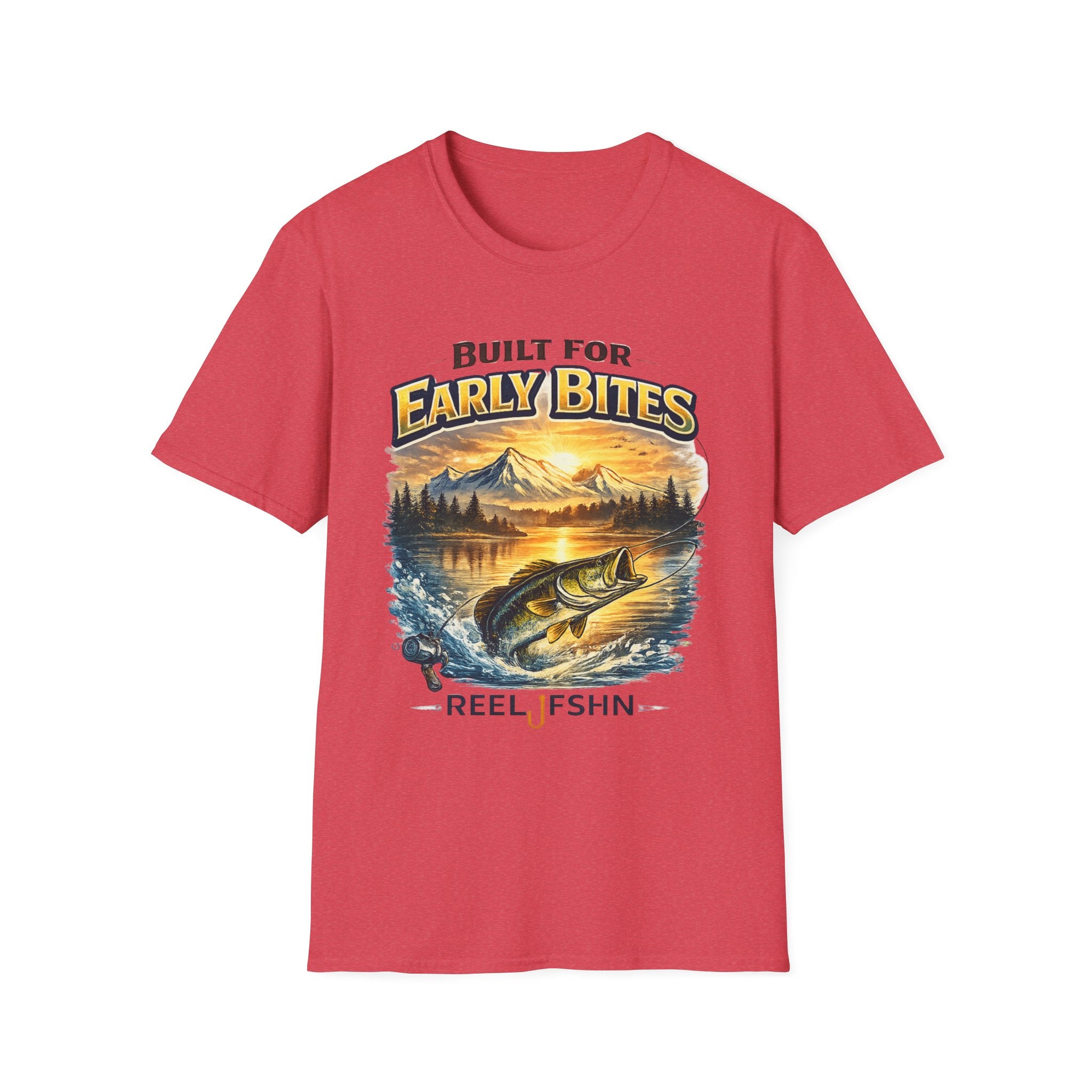 Red Comfort Colors unisex tee with "Built for Early Bites" graphic featuring a bass jumping from water at sunrise.