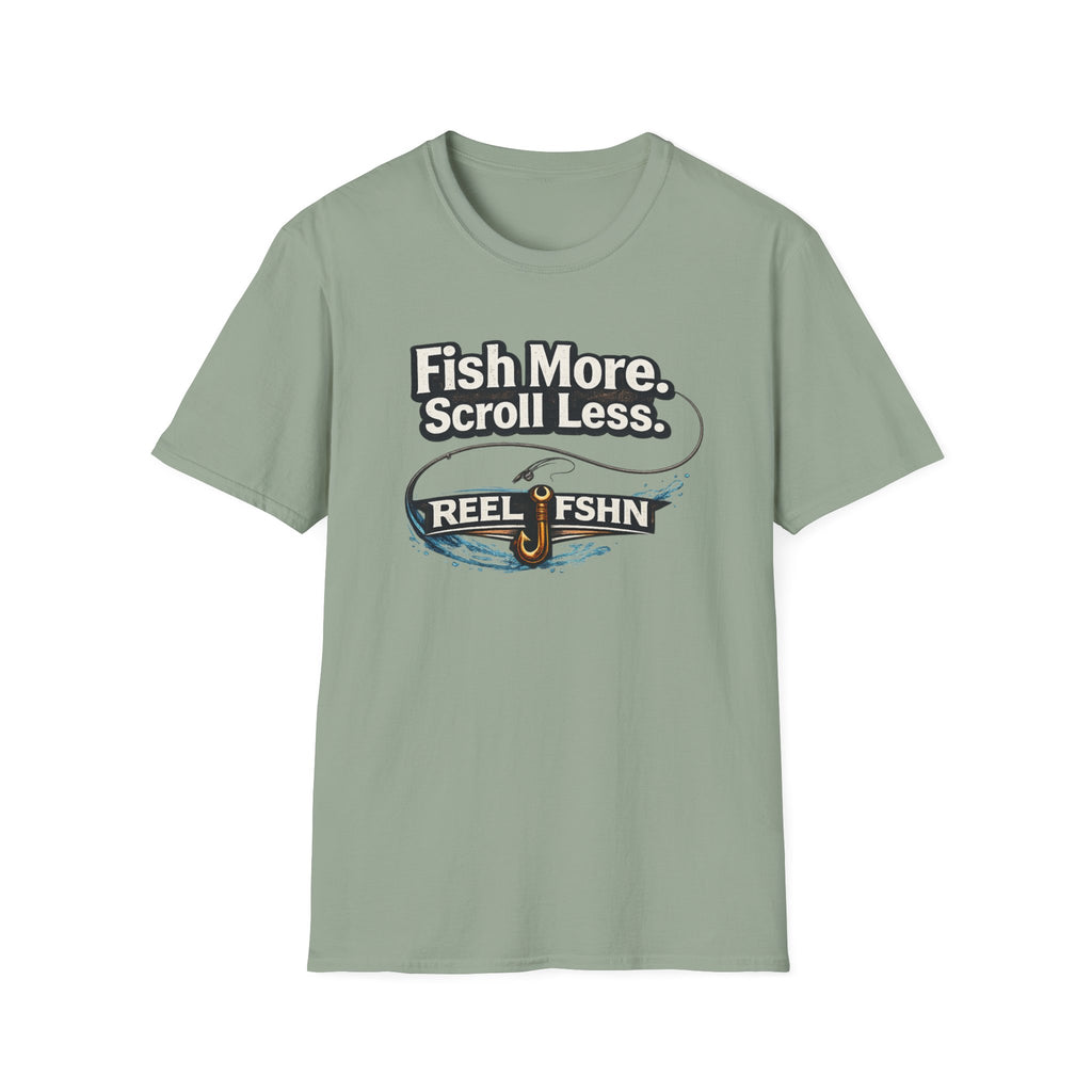 Sage green Comfort Colors t-shirt with "Fish More. Scroll Less." text and a fishing lure graphic.