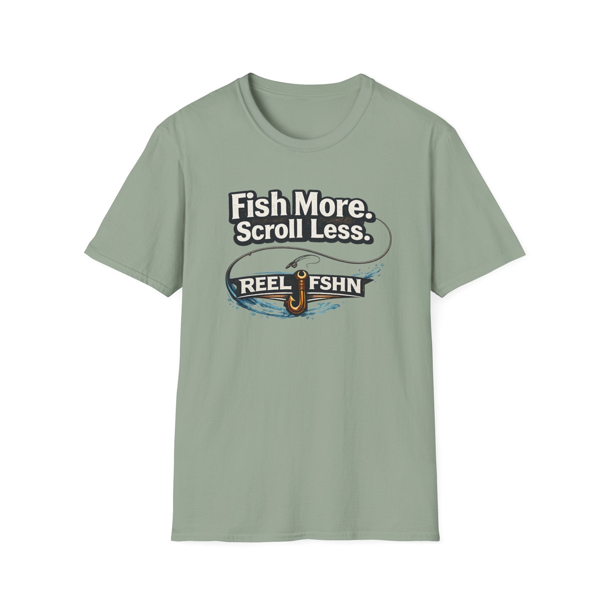 Sage green Comfort Colors t-shirt with "Fish More. Scroll Less." text and a fishing lure graphic.