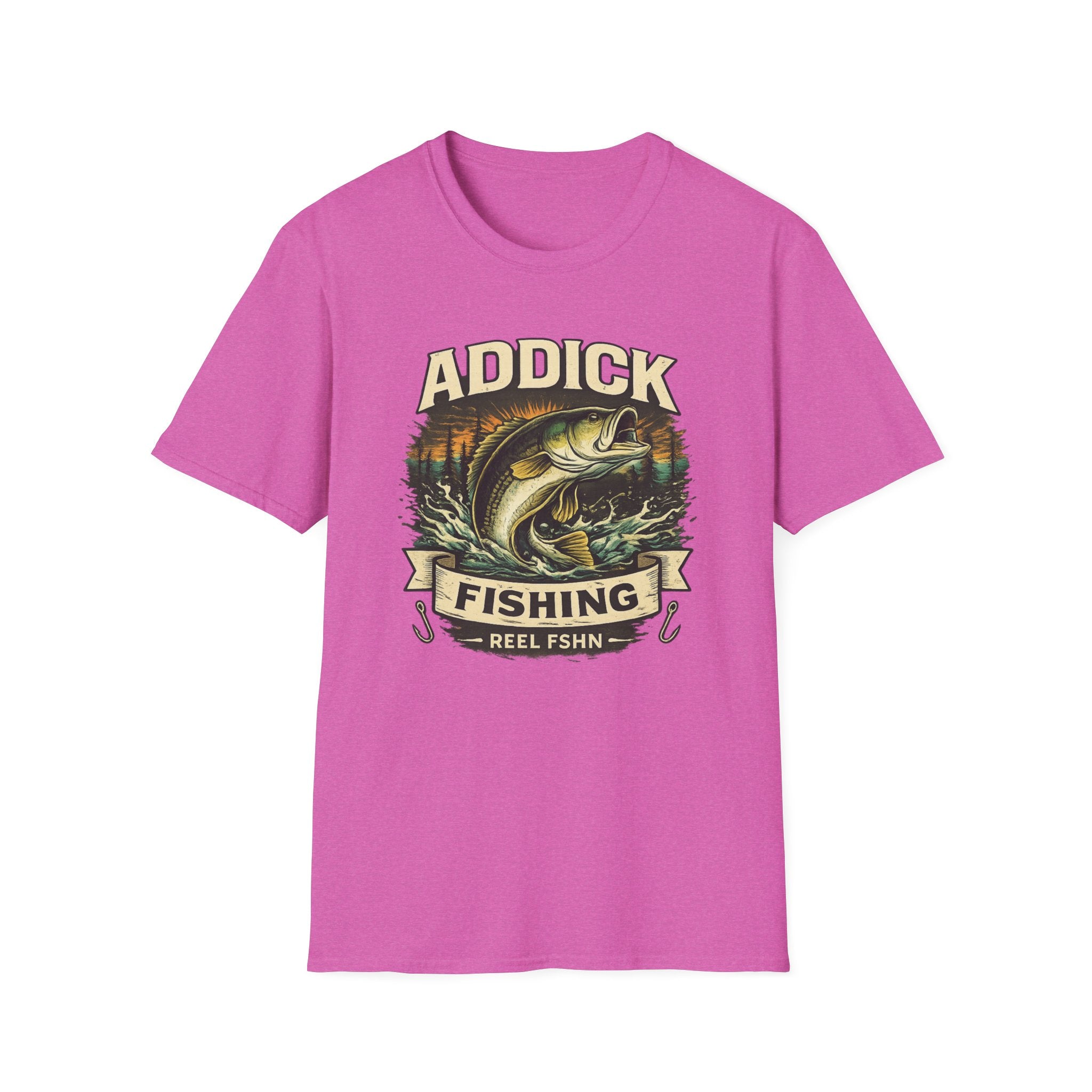 Pink Comfort Colors unisex t-shirt with a vintage "Addick Fishing" bass graphic.