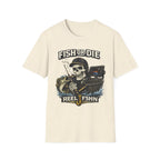 Comfort Colors cream t-shirt with a fishing skeleton, "Fish or Die" text, and "Reel Fshn" below.