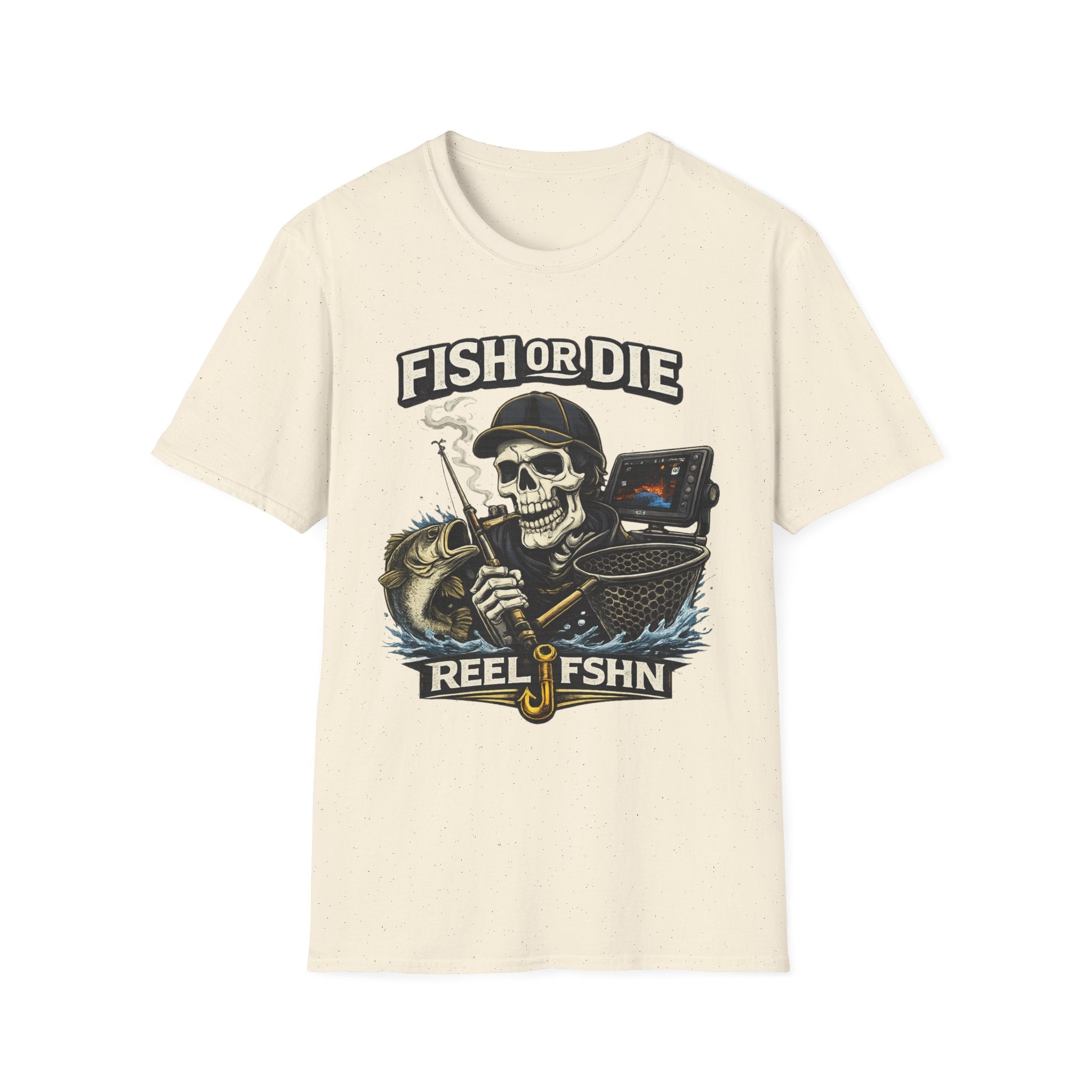 Comfort Colors cream t-shirt with a fishing skeleton, "Fish or Die" text, and "Reel Fshn" below.