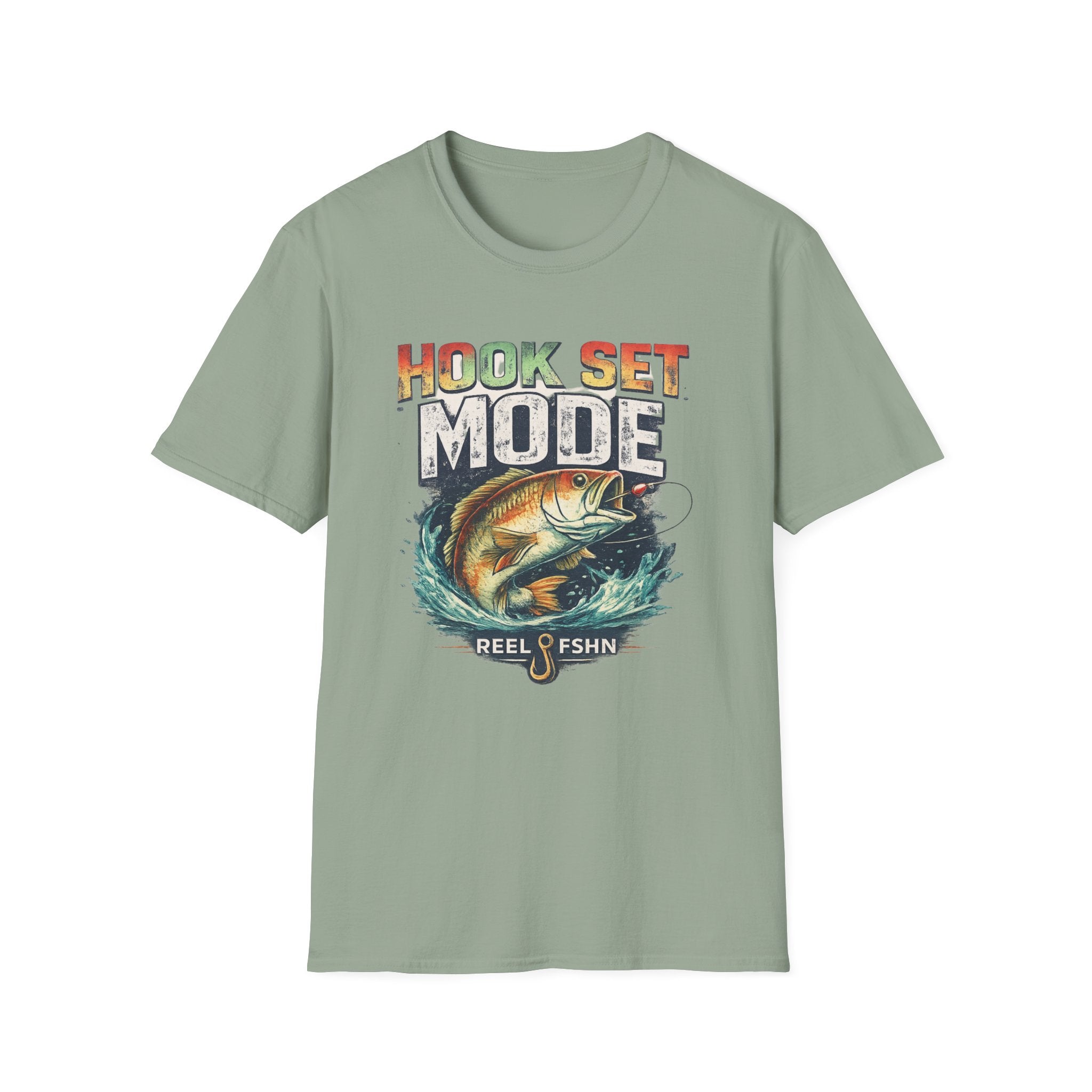 Unisex Comfort Colors sage green t-shirt with a vintage "Hook Set Mode" fishing graphic.