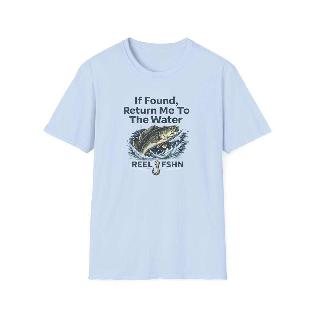 Light blue Comfort Colors cotton t-shirt with "If Found, Return Me To The Water" text and a jumping bass graphic.