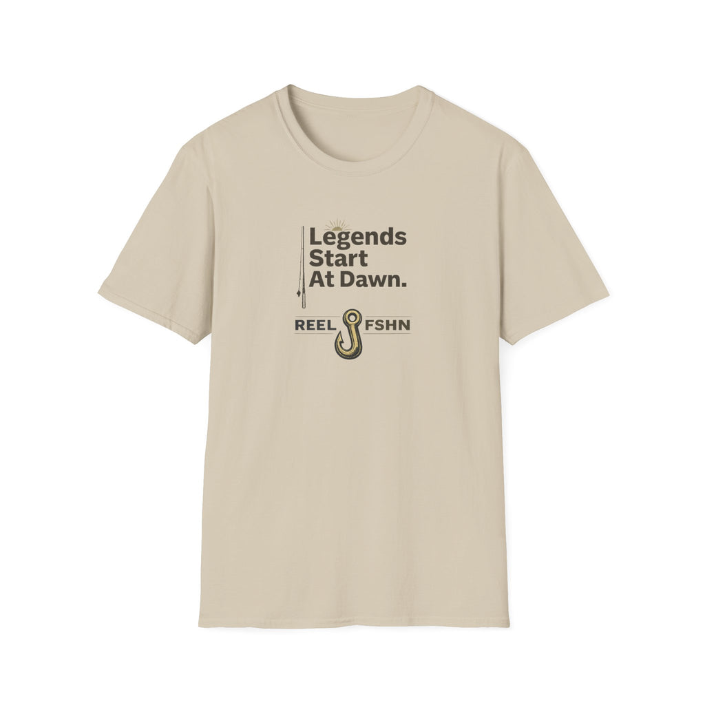 Unisex Comfort Colors "Legends Start At Dawn" t-shirt in sand, featuring a fishing hook graphic.