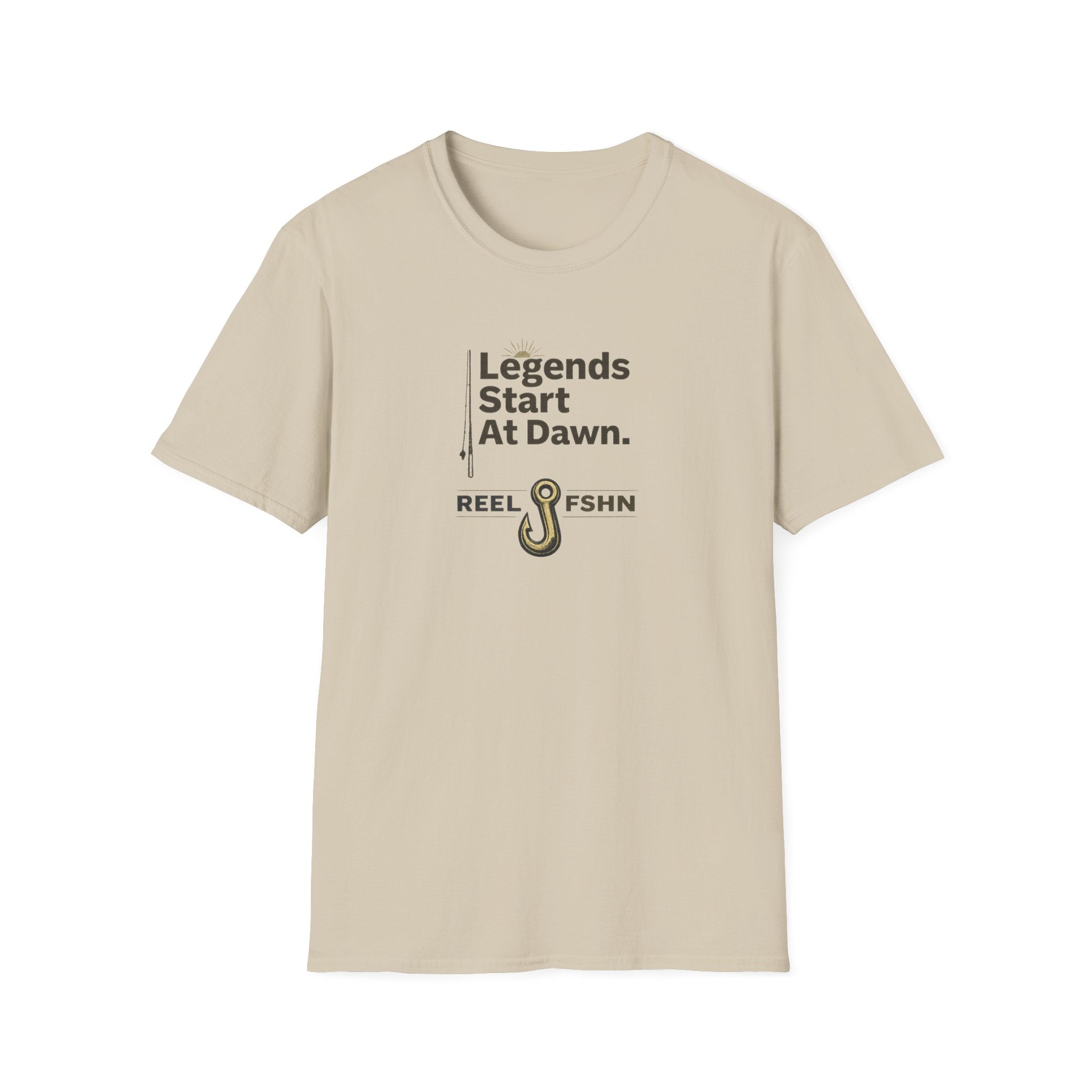 Unisex Comfort Colors "Legends Start At Dawn" t-shirt in sand, featuring a fishing hook graphic.