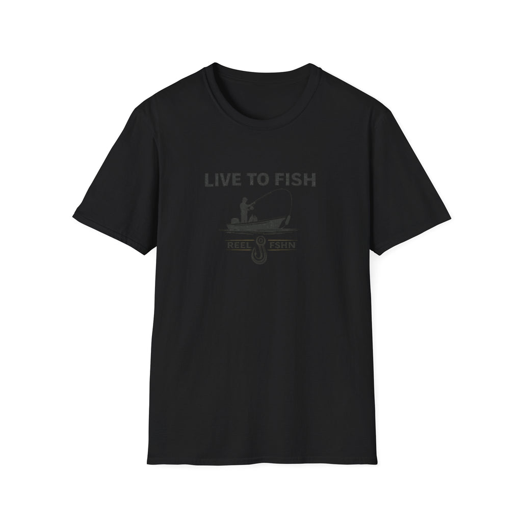 Black Comfort Colors t-shirt with "LIVE TO FISH" text and a fishing boat graphic.