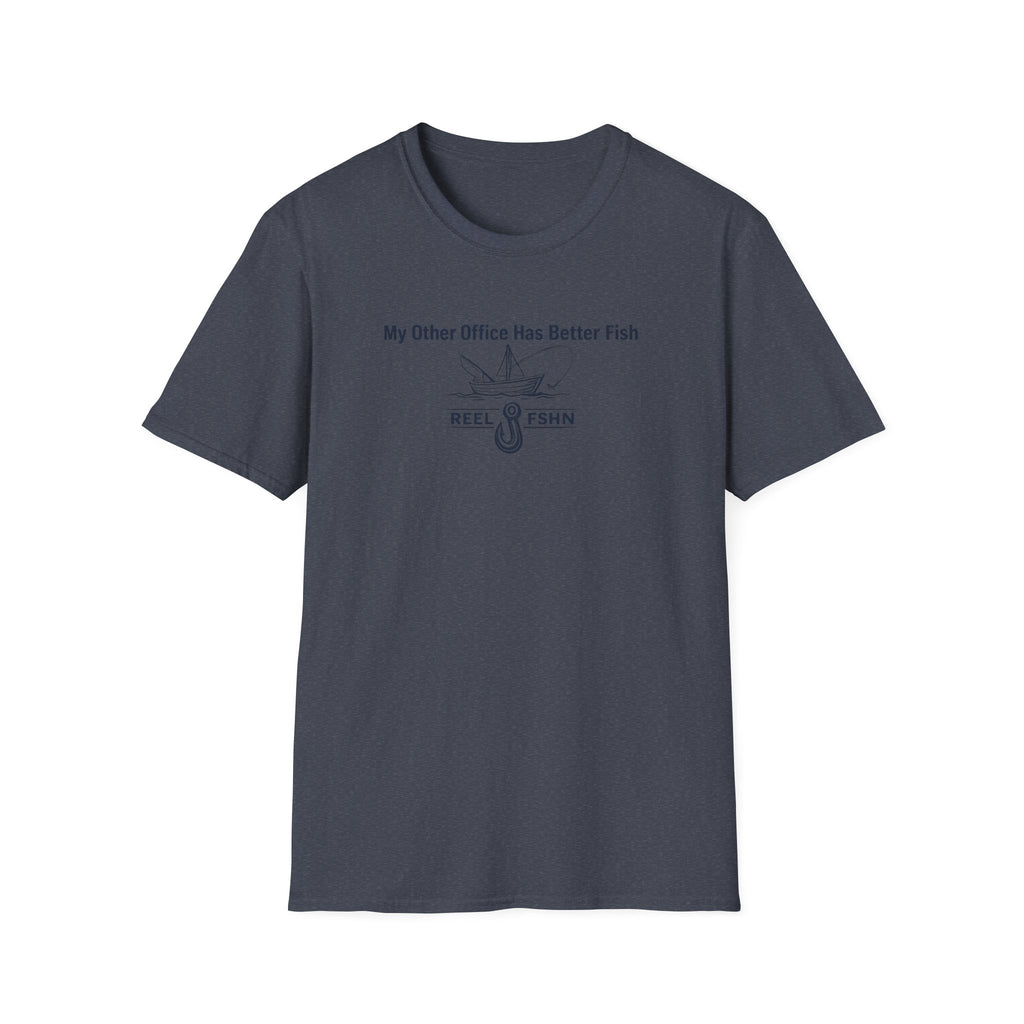 Comfort Colors navy blue cotton t-shirt with "My Other Office Has Better Fish" text and fishing boat graphic.
