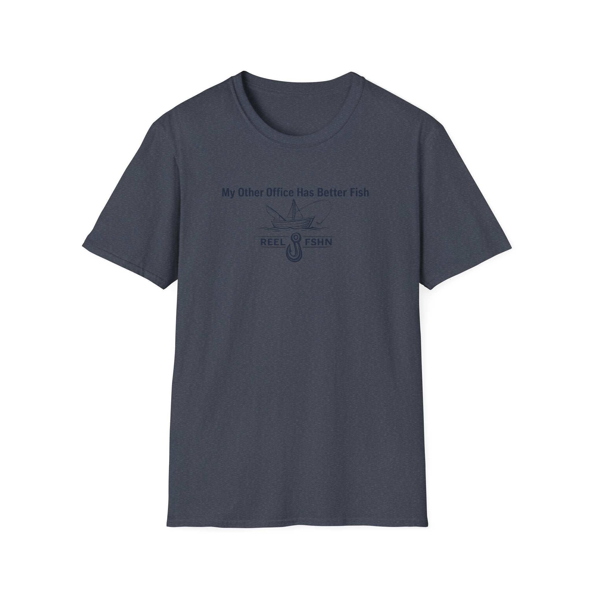Comfort Colors navy blue cotton t-shirt with "My Other Office Has Better Fish" text and fishing boat graphic.
