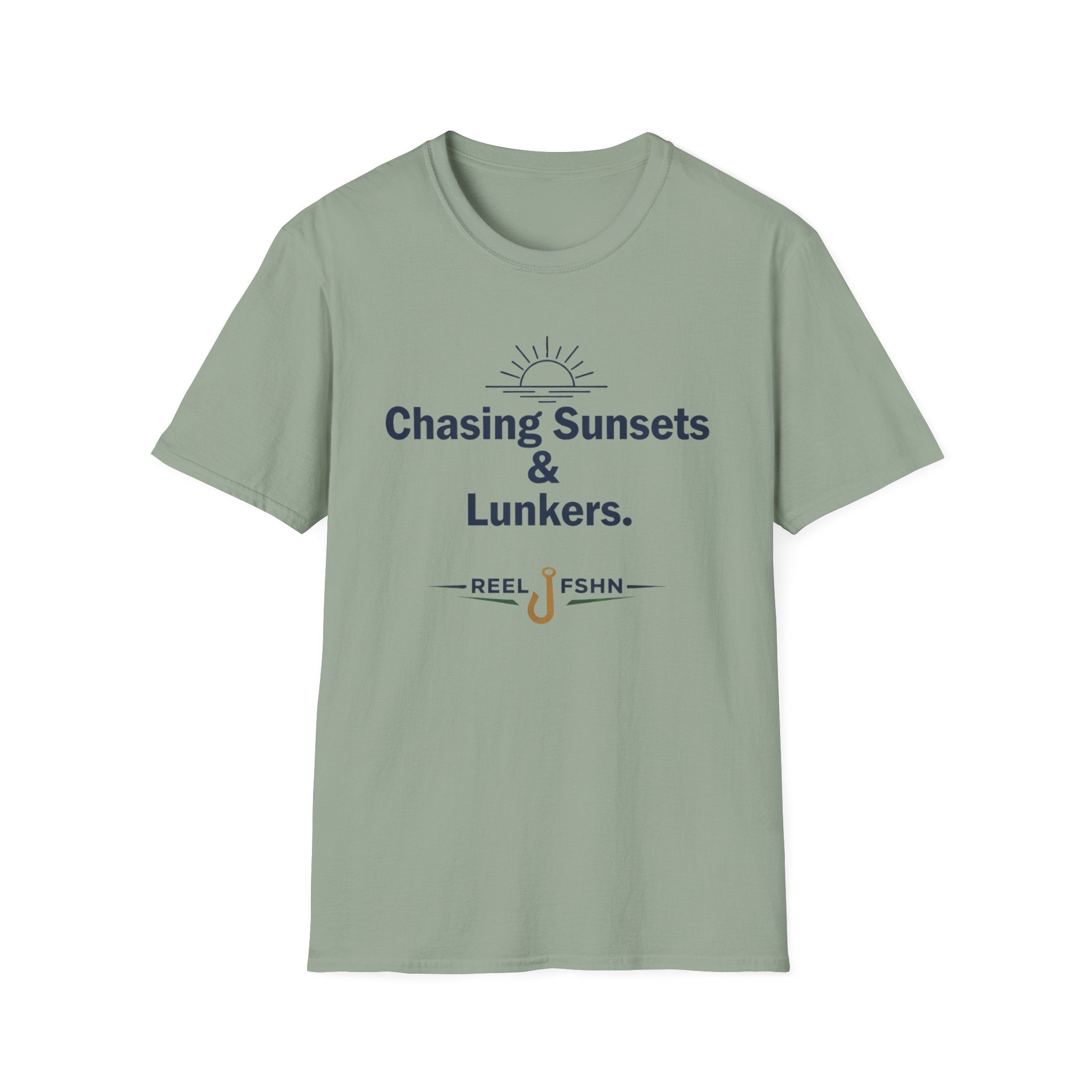 Unisex Comfort Colors sage green t-shirt with "Chasing Sunsets & Lunkers" graphic and fishing hook.