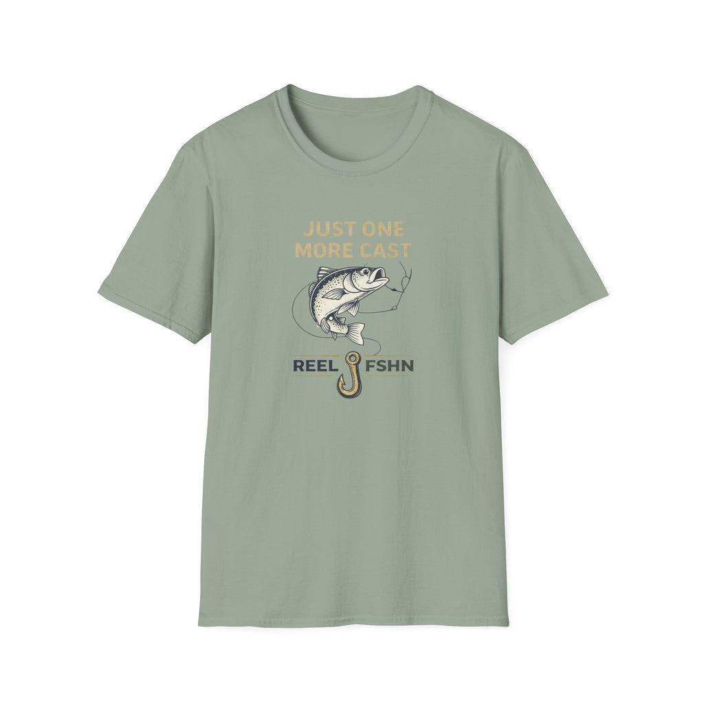 Sage green unisex Comfort Colors t-shirt with "Just One More Cast" text, a bass, and "REEL FSHN" on a fishing hook.