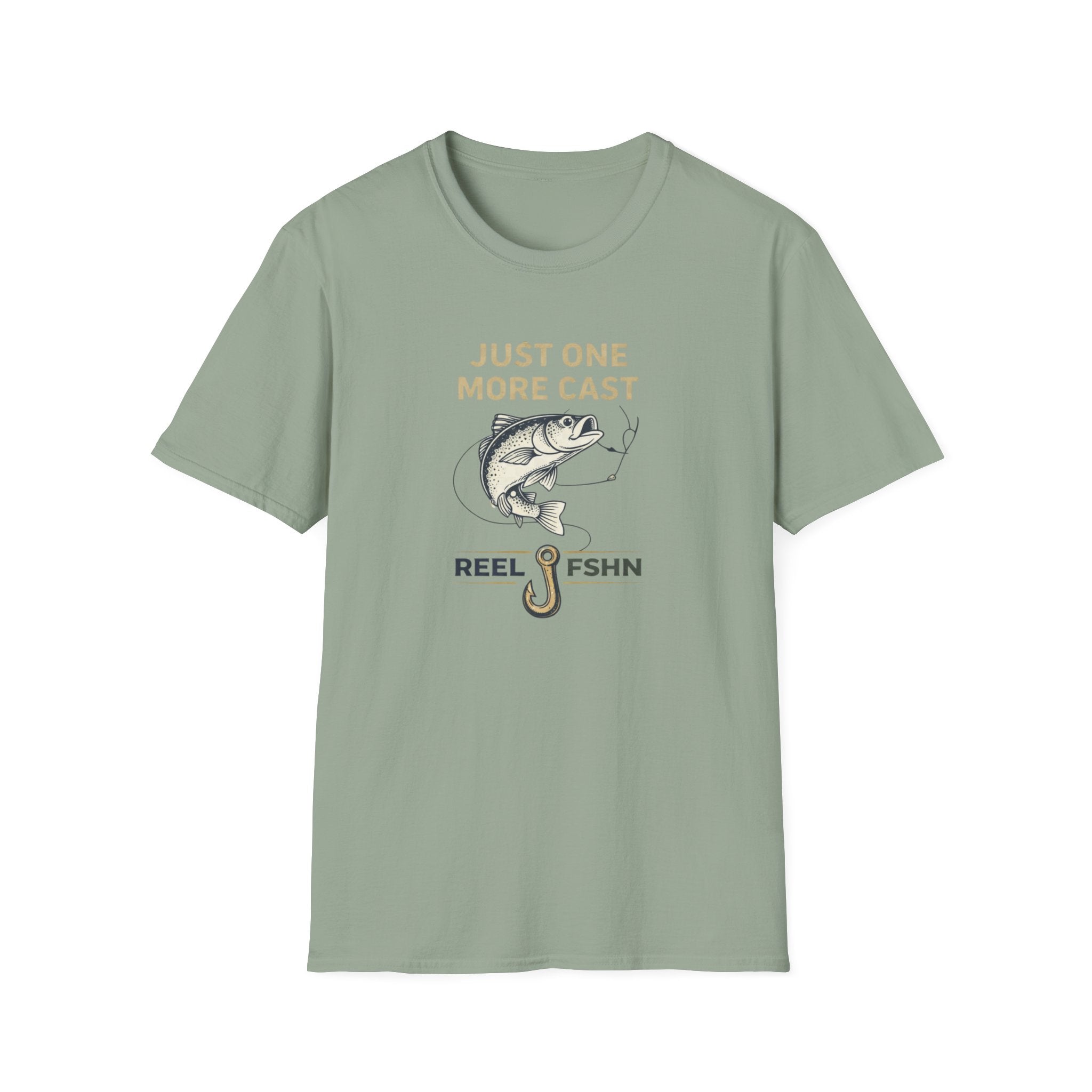 Sage green unisex Comfort Colors t-shirt with "Just One More Cast" text, a bass, and "REEL FSHN" on a fishing hook.