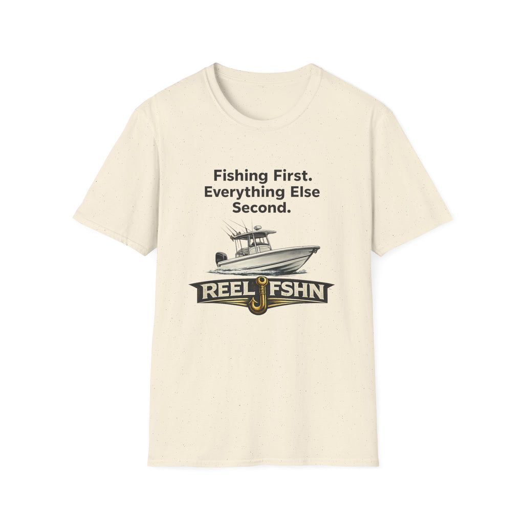 Comfort Colors cream t-shirt with "Fishing First. Everything Else Second." text, a boat graphic, and "REEL FSHN" with a fishing hook.