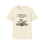 Comfort Colors cream t-shirt with "Fishing First. Everything Else Second." text, a boat graphic, and "REEL FSHN" with a fishing hook.