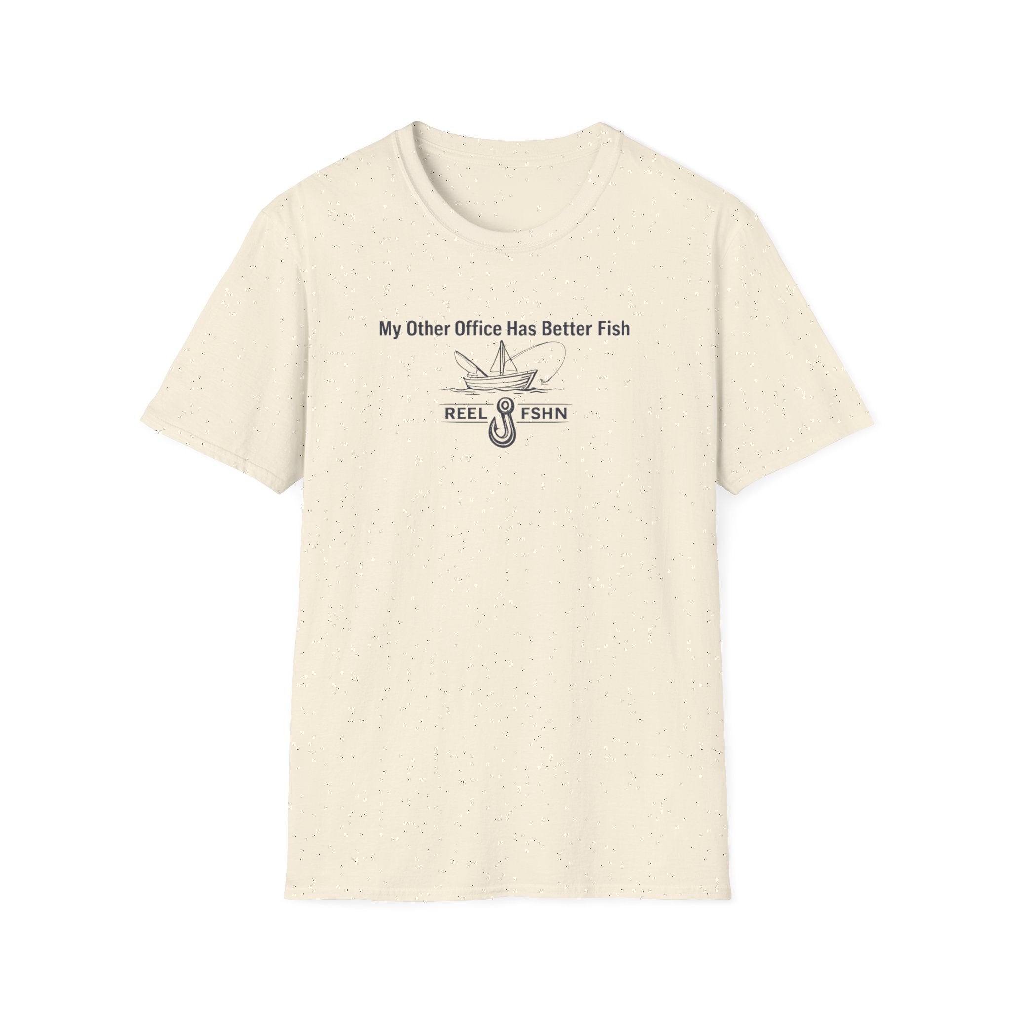 Comfort Colors natural speckled t-shirt with "My Other Office Has Better Fish" text and fishing boat graphic.