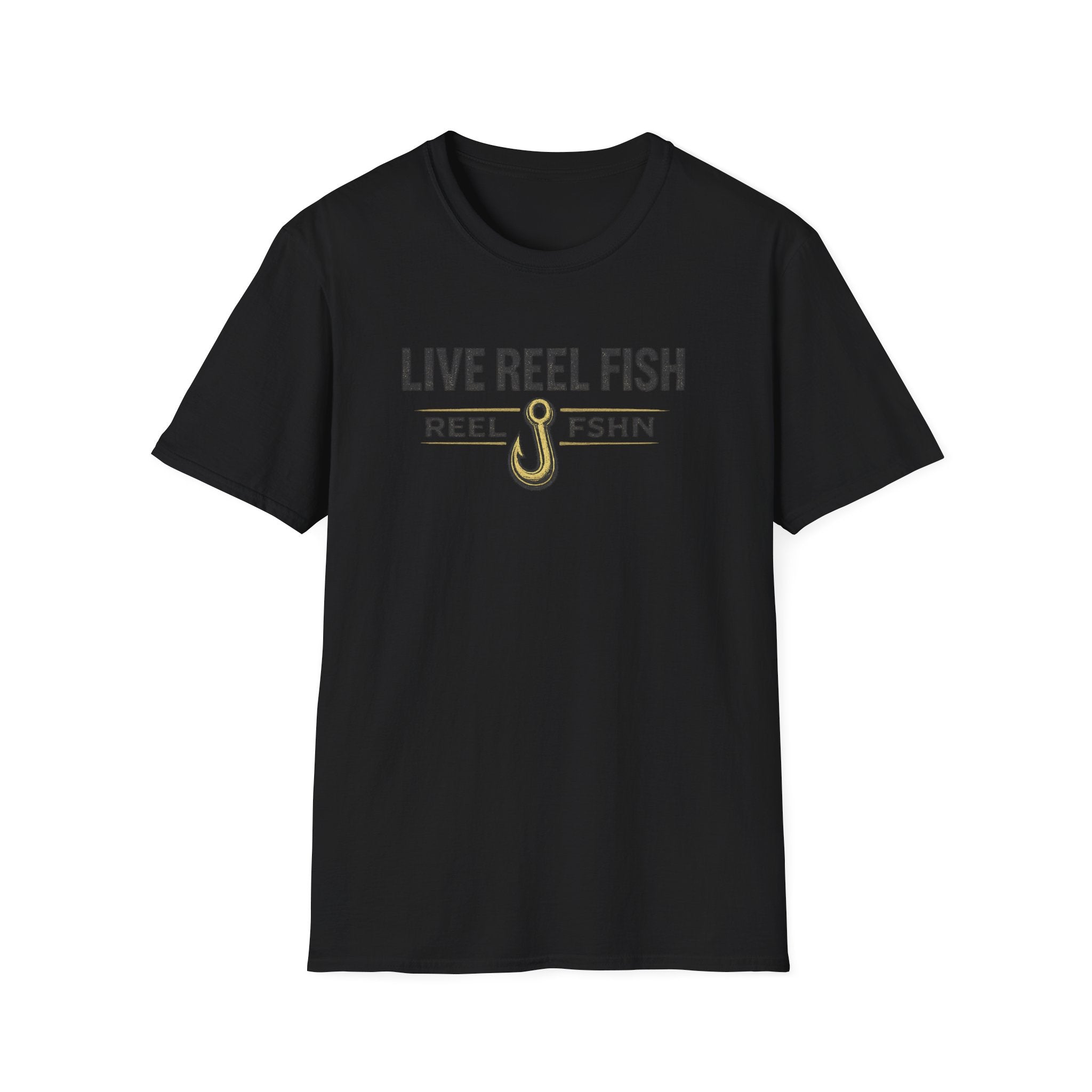 Black Comfort Colors unisex t-shirt with "LIVE REEL FISH" text and a gold fishing hook graphic.