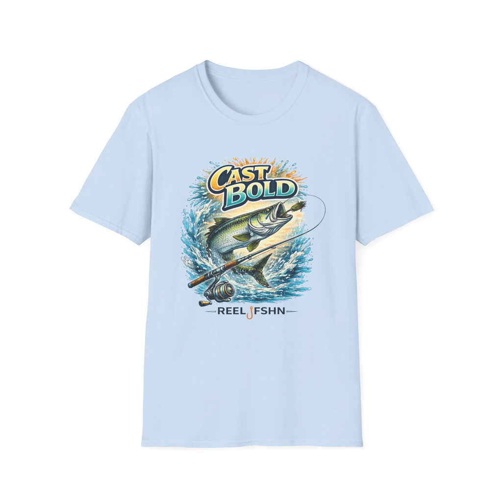 Light blue "Cast Bold" Comfort Colors t-shirt with a graphic of a bass jumping from water, a fishing rod, and "REEL FSHN".