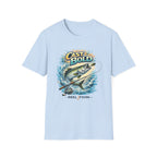 Light blue "Cast Bold" Comfort Colors t-shirt with a graphic of a bass jumping from water, a fishing rod, and "REEL FSHN".