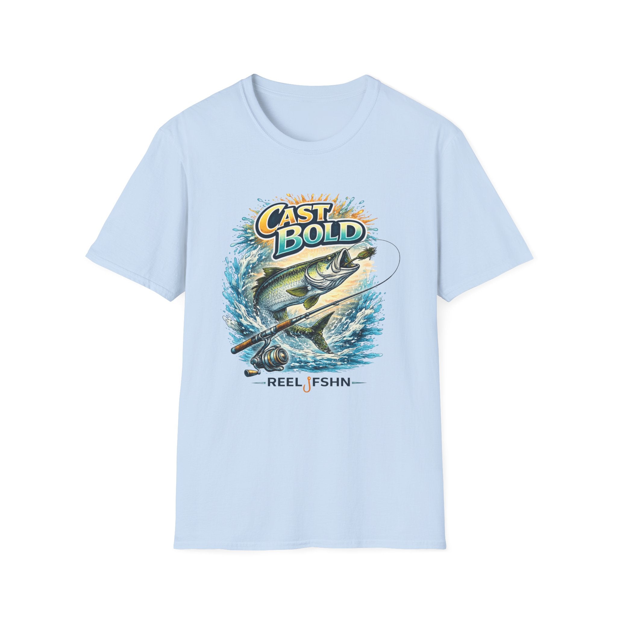 Light blue "Cast Bold" Comfort Colors t-shirt with a graphic of a bass jumping from water, a fishing rod, and "REEL FSHN".