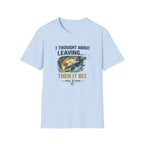 Light blue Comfort Colors cotton t-shirt with "I Thought About Leaving... Then It Bit." text and a bass design.