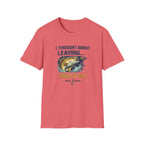 Coral Comfort Colors t-shirt with "I Thought About Leaving, Then It Bit" text and a bass fishing graphic.
