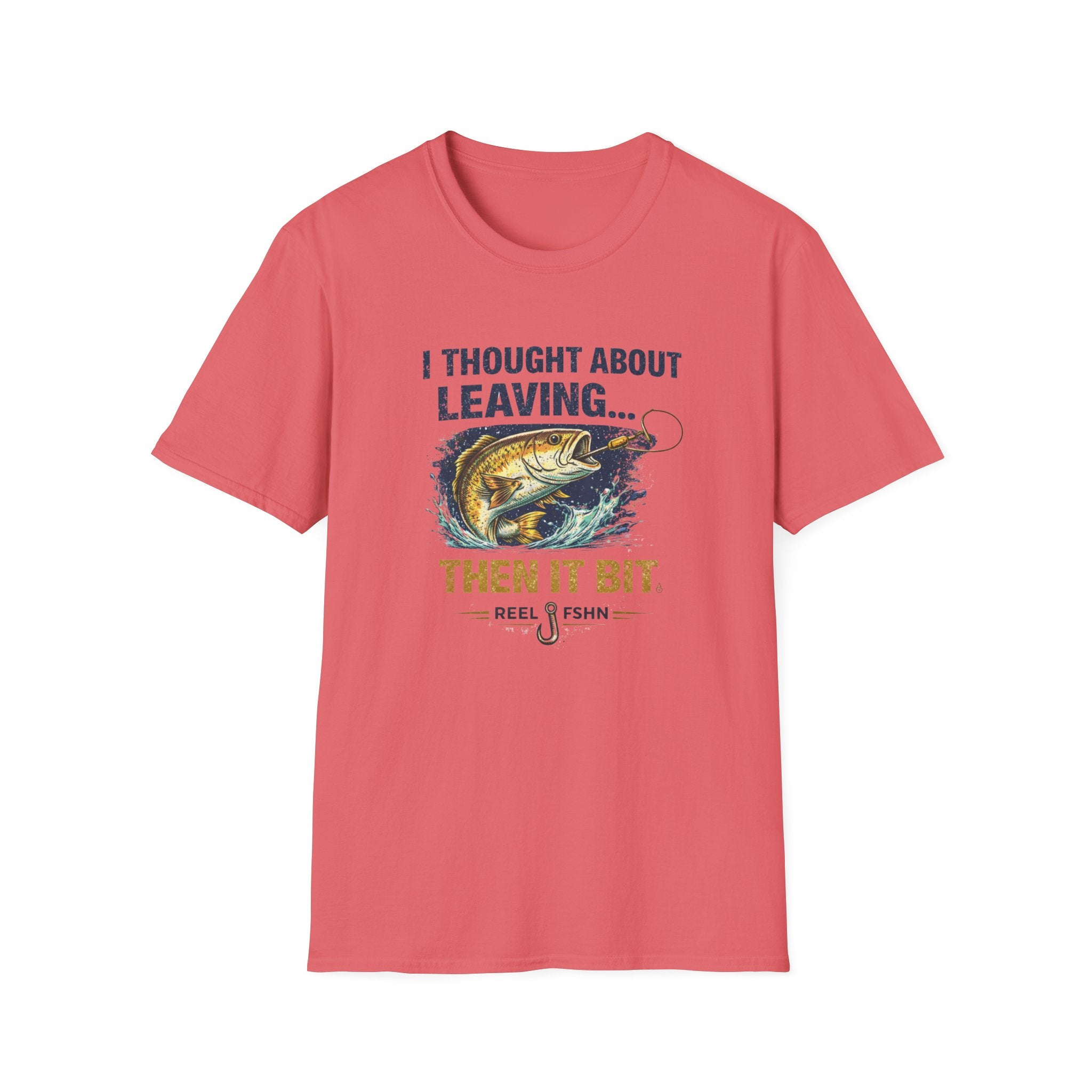 Coral Comfort Colors t-shirt with "I Thought About Leaving, Then It Bit" text and a bass fishing graphic.