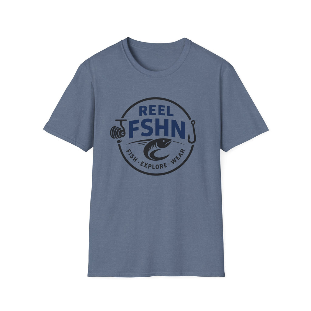 Blue Comfort Colors t-shirt with a black "Reel FSHN" fishing logo featuring a reel, fish, and hook.