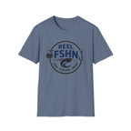 Blue Comfort Colors t-shirt with a black "Reel FSHN" fishing logo featuring a reel, fish, and hook.
